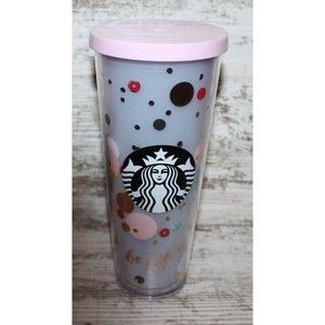 Rare STARBUCKS 24 oz VENTI Cold Cup Tumbler BE JOYFUL Pink Polka Dots Holiday